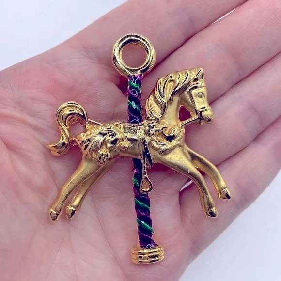 Whimsical Merry-Go-Round Horse Pin - Gold Tone & Enamel - Picture 2 of 5